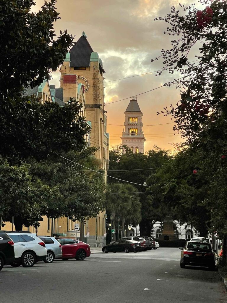 sunset view of a savannah, ga street