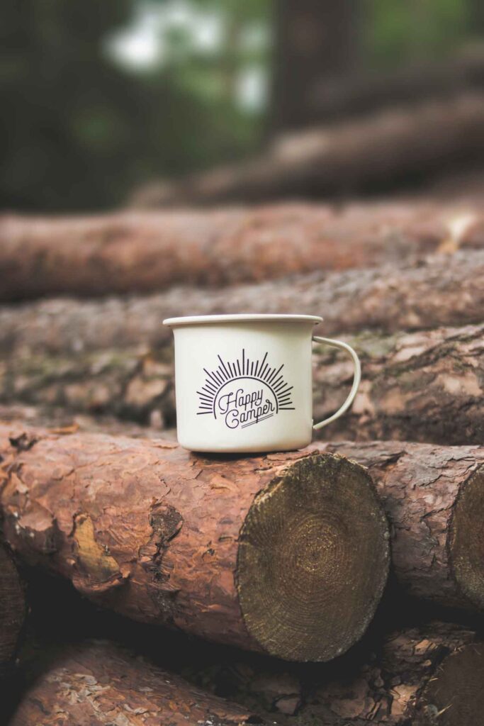 happy camper mug on a stack of logs