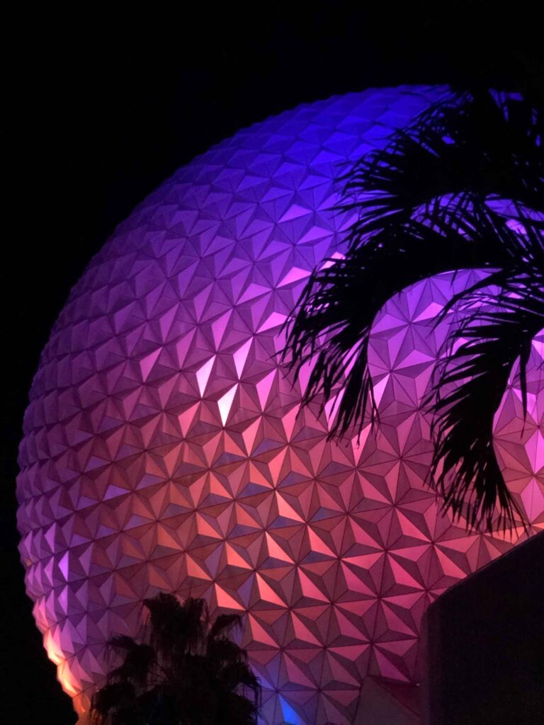epcot ball at night with a palm tree