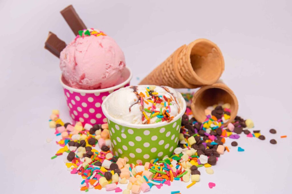 ice cream cones, and cups of various flavors