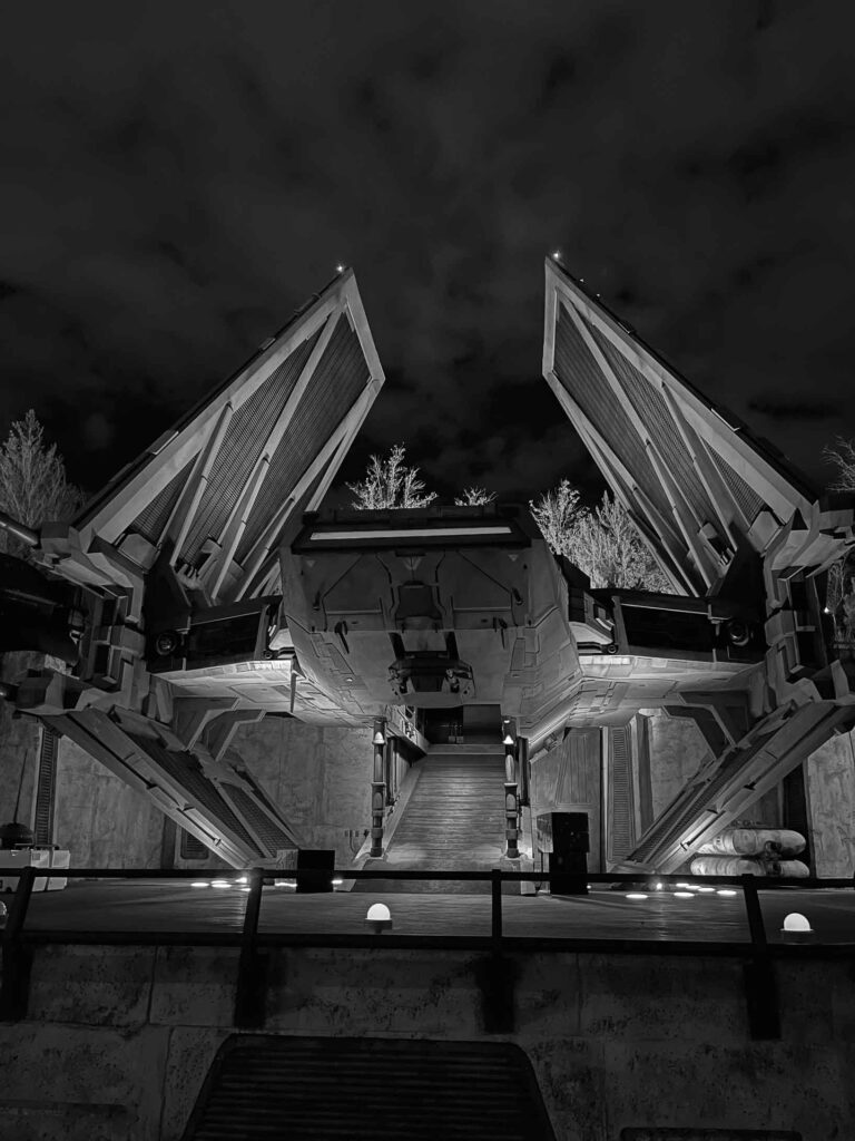 First Cargo Bay at night in a black and white photo