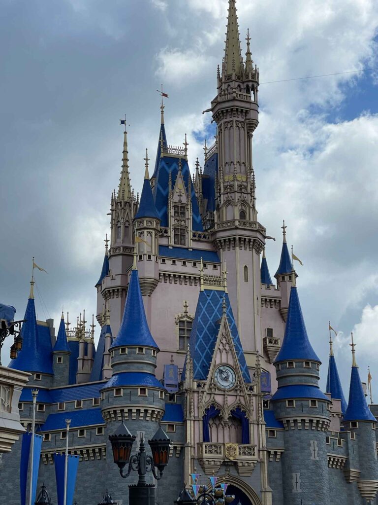 Magic Kingdom castle with a grey sky