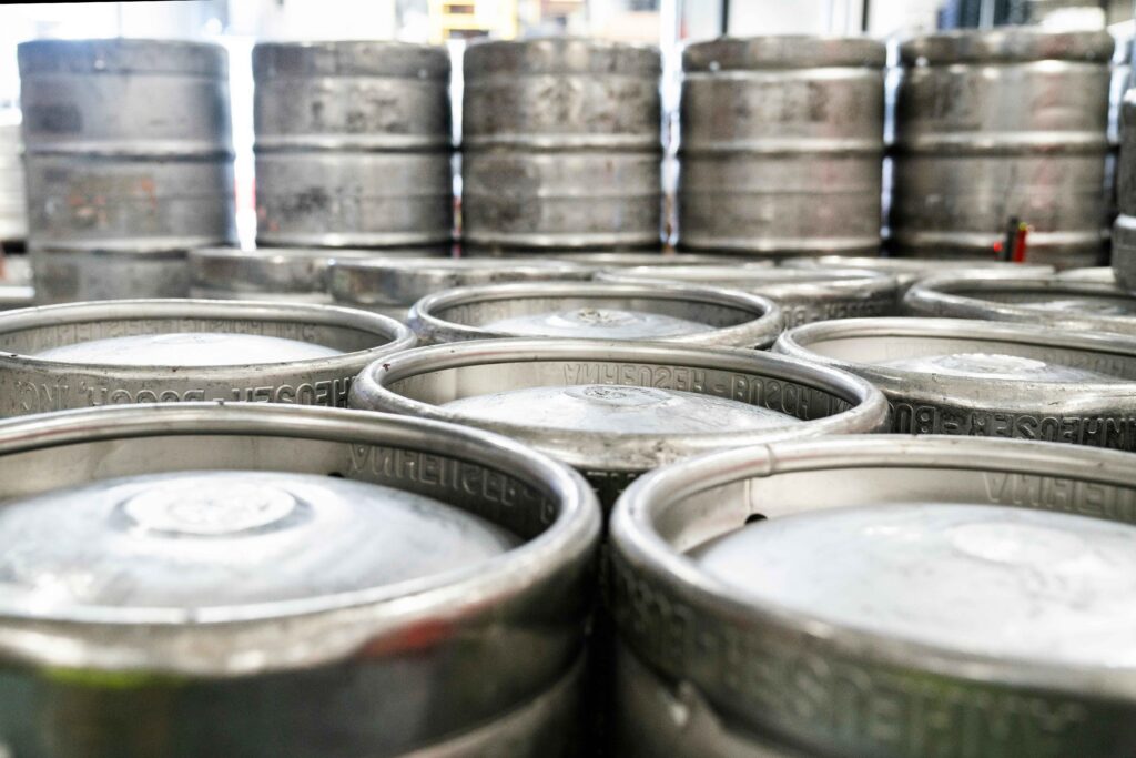 Kegs of beer ready to be shipped or served.  